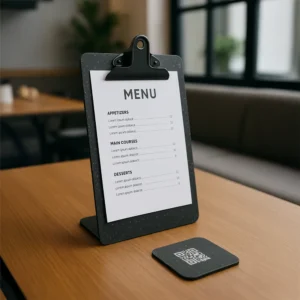 Porta Menu y Posavasos con código QR deplástico reciclado para restaurantes