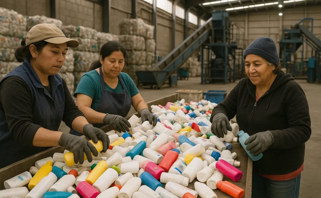 Trabajadoras-en-Planta-de-Reciclaje Trabajadores en planta de reciclaje de plástico, representando la generación de empleo en la economía circular