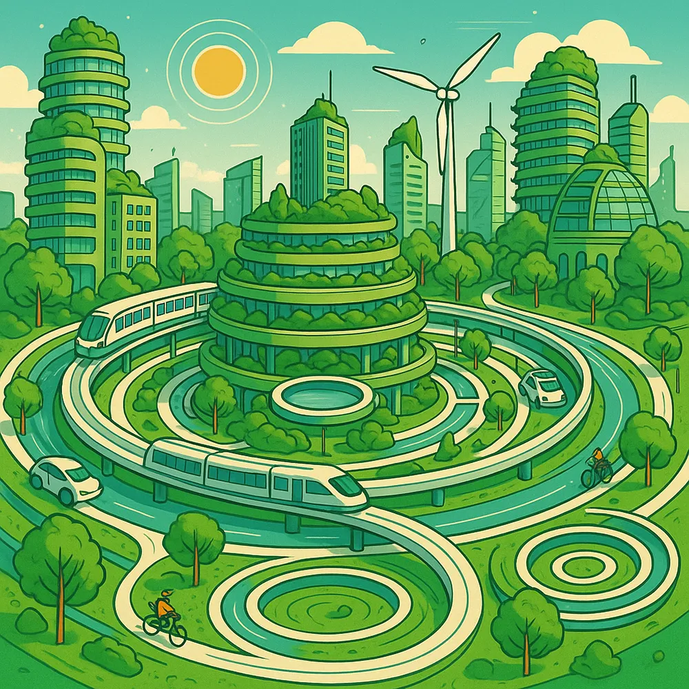 ciudad-circular Ciudad del futuro basada en principios de economía circular, con sistemas integrados de reutilización de recursos