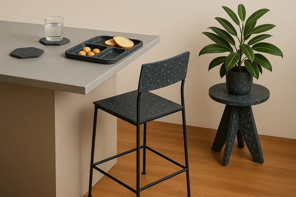 cocina-con-plastico-reciclado Espacio doméstico con diversos productos cotidianos fabricados con plástico reciclado: Tabla coctel, pedestal, maceta, posavasos y taburete