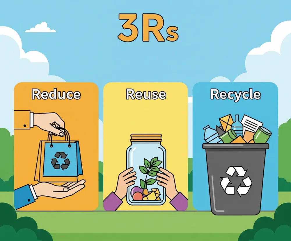 3R-del-reciclaje Ilustración de las 3R del reciclaje: Reducir, Reutilizar y Reciclar, mostrando acciones clave para la sostenibilidad ambiental.