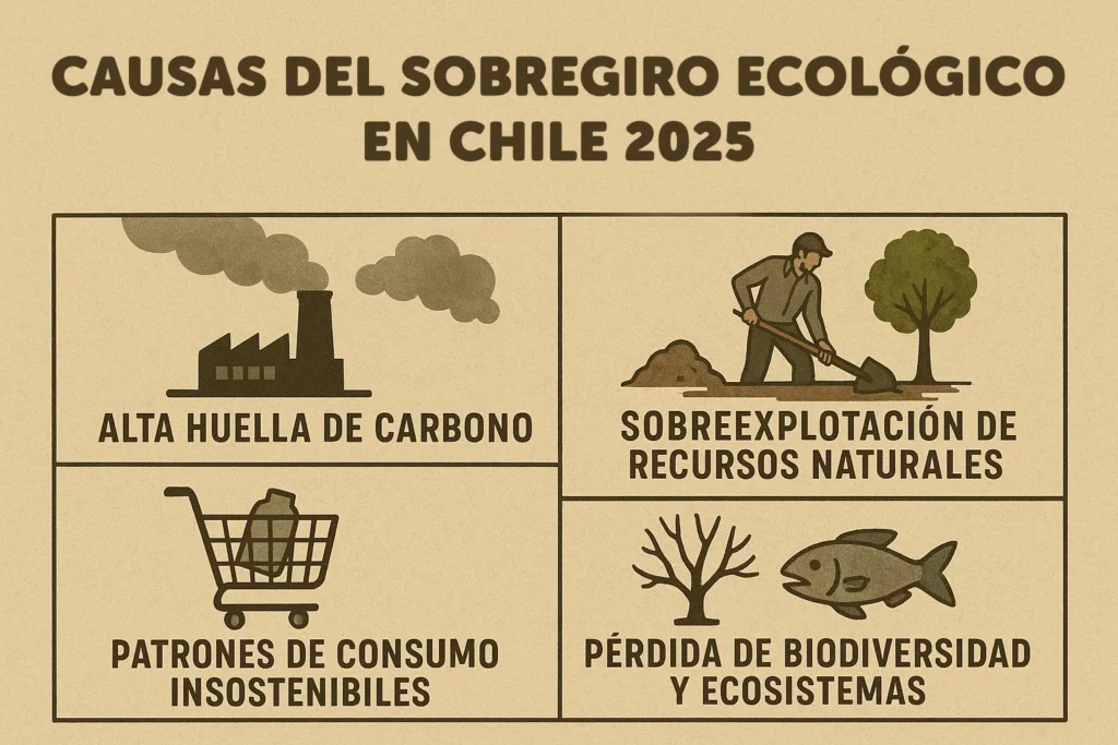 Causas-del-sobregiro-ecologico-en-chile Causas del sobregiro ecologico chile 2025. Huella de carbono, sobreexplotación de recursos naturales, patrones de consumo insostenibles y perdida de biodiversidad y ecosistemas