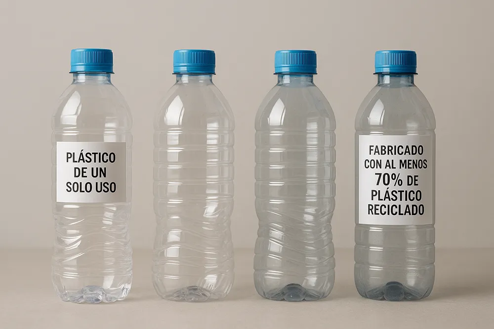 Transición-Botellas-Plastico-Reciclado Representación de la transición de las botellas de plástico de un solo uso a botellas con hasta un 70% de plástico reciclado. Normativa basada en la LEY 21.368 y LEY REP.