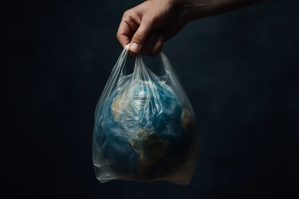 Planeta Tierra atrapado dentro de una bolsa plástica, sostenida por una mano humana como si fuera una compra cualquiera.