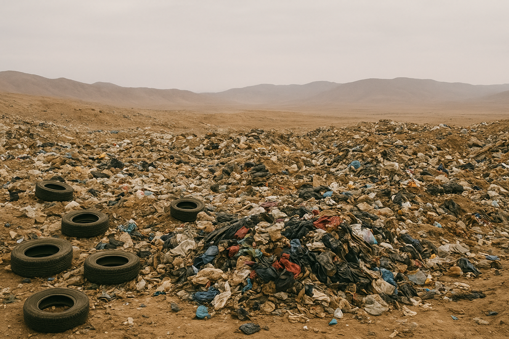 Alto-Hospicio-Basural-Revivir Basural ilegal en el desierto de Alto Hospicio con neumáticos y ropa usada, mostrando el daño ambiental que motivó la condena al Estado de Chile.