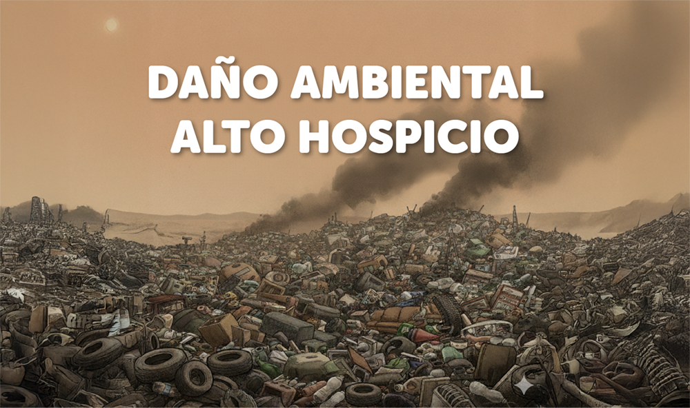 Basural masivo en el desierto de Alto Hospicio con humo negro y texto "Daño Ambiental Alto Hospicio", representando el impacto de los vertederos ilegales y la crisis medioambiental.