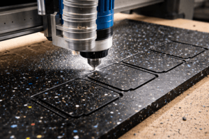 Proceso de corte de galvanos de plástico reciclado. Producto sustentable de revivir